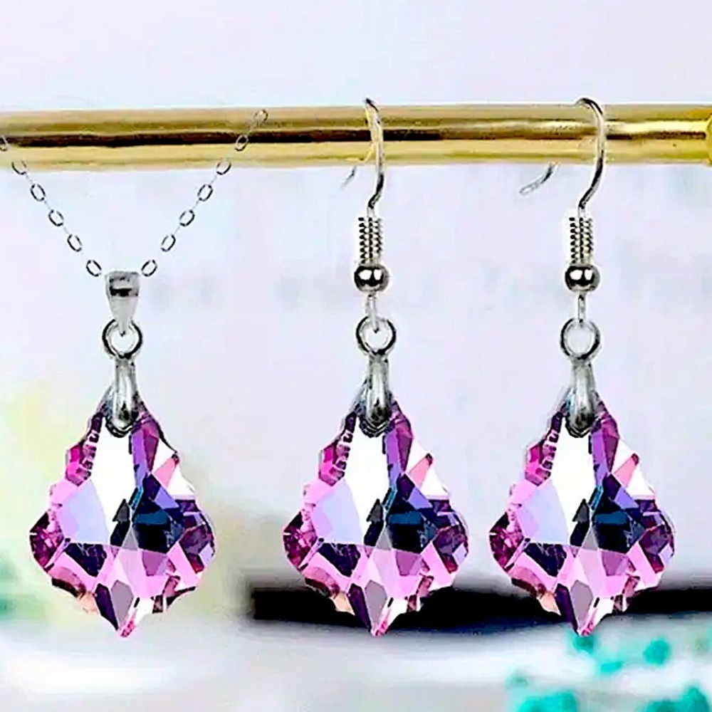 Purple Austrian Crystal Necklace Earrings Set Silver Dangle Baroque Leaf E…